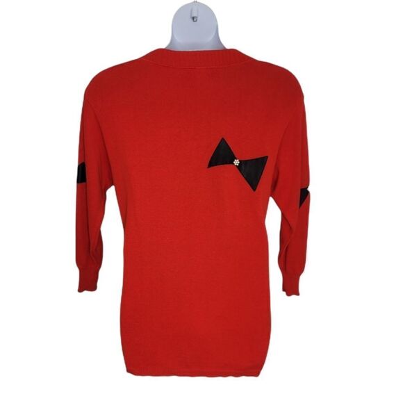 VINTAGE 80s Neiman Marcus leather bow‎ red sweater tunic with pearls L - Picture 3 of 15